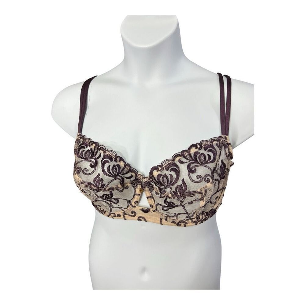 Cacique Purple Lace Sheer Balconette Bra Plus Size 40DD Underwire Embroidered